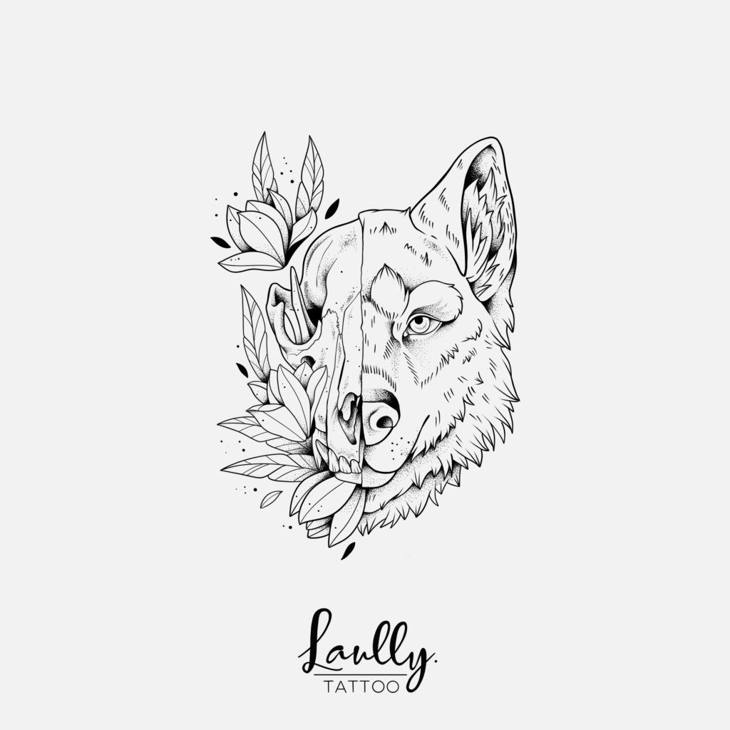 tête de loup flash tatouage la main de bois