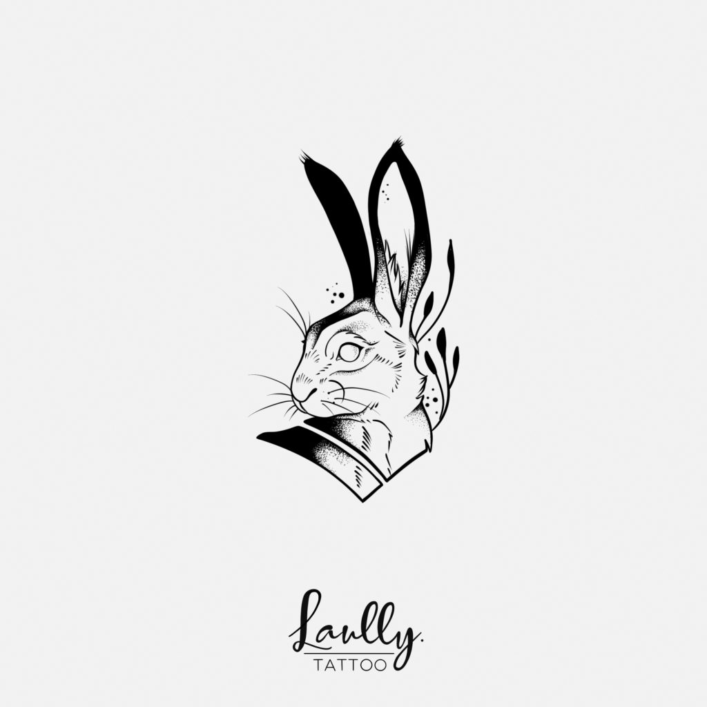 lapin avec son collier de fleur flash tattoo la main de bois
