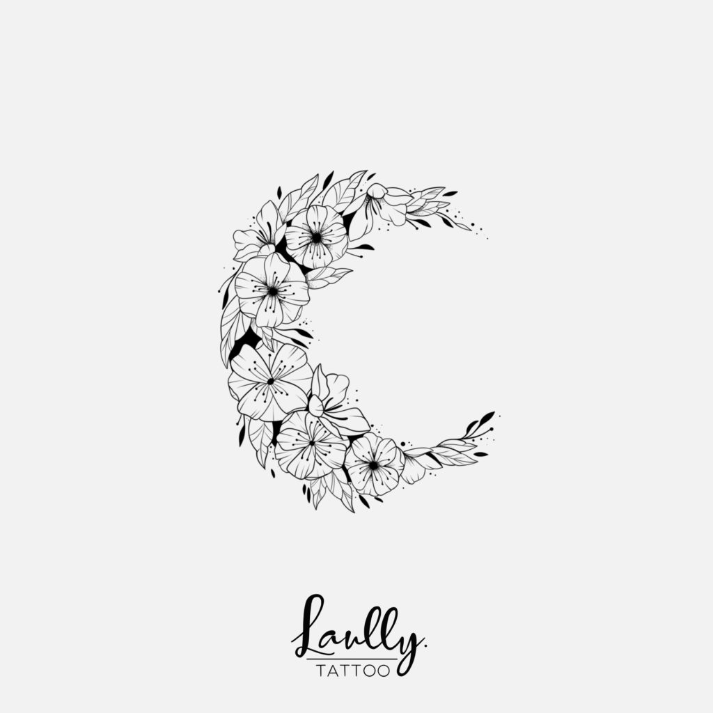 Lune floral flash tatouage la main de bois