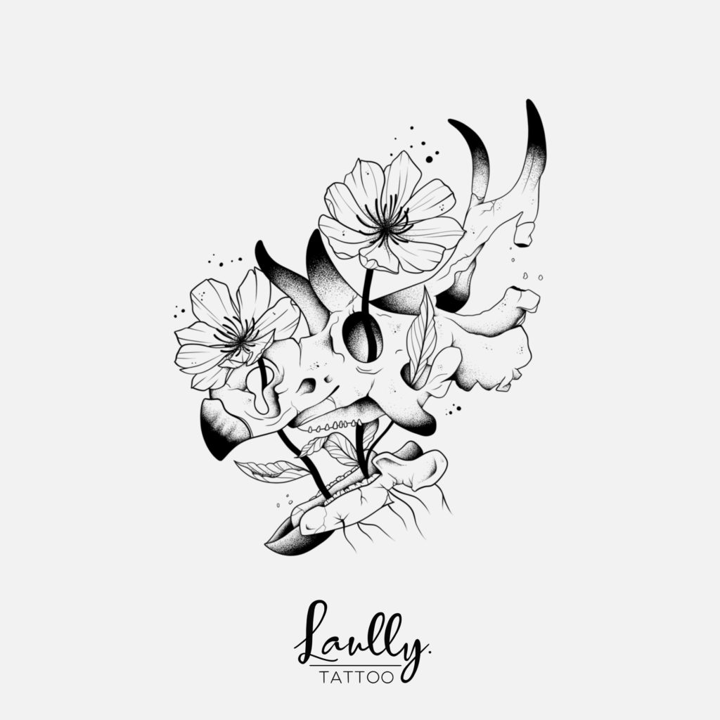 crâne de tricératops et ces fleur à la main de bois